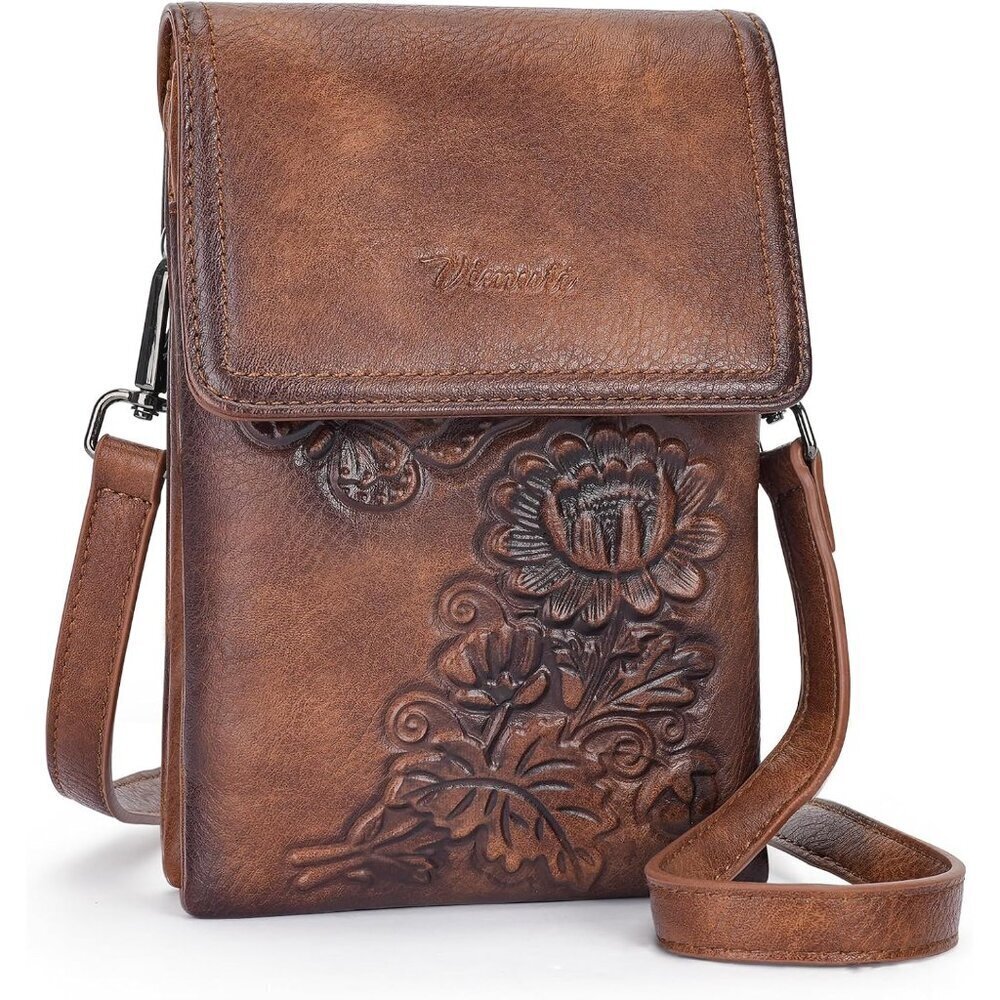 Small Vegan Leather Crossbody Bag Stylish Embossed Flower Design Women's